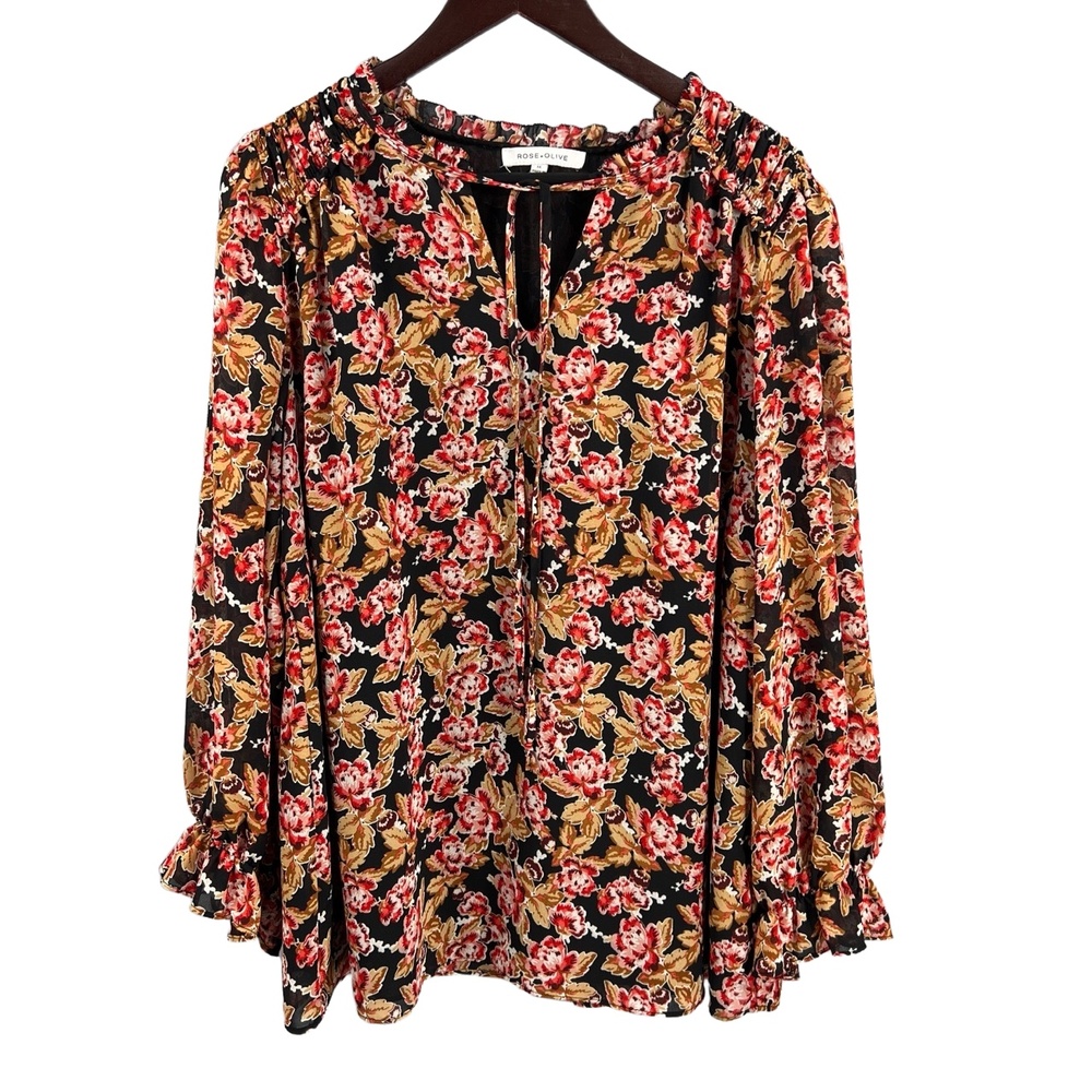 Rose + Olive Blouse Black Floral Print Ruffle Cuffs Tie‎ Neck Peasant 1X